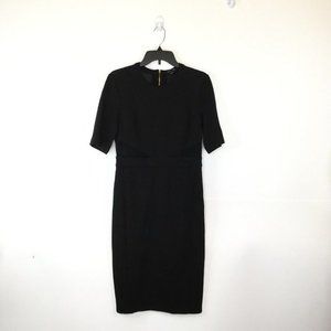 Faux Pas Dress Women Size 8 Black Solid Midi Sheath Short Sleeve Zip Sheer Back